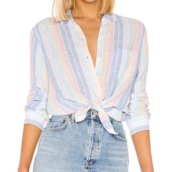 Rails Tops - Rails Charli Jubilee Metallic Rainbow Stripe Long Sleeve Linen Button Down Sz XS